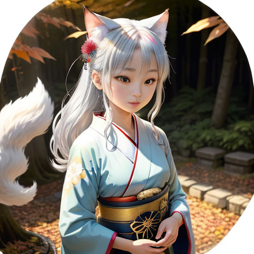 a woman in a blue dress with a cat on her head and a white cat on her shoulder, standing in a forest