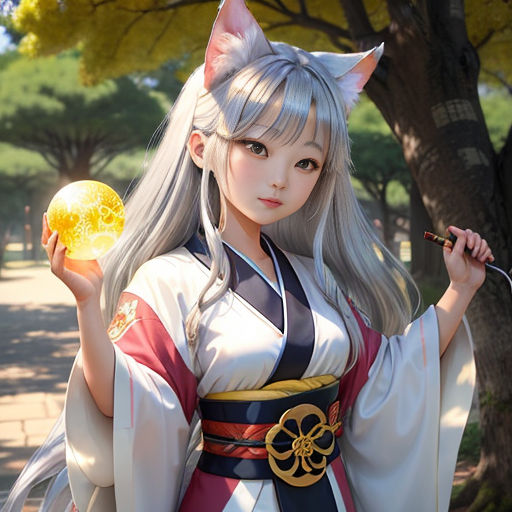 a woman dressed in a costume holding a yellow ball in her hand and a cat ears on her head