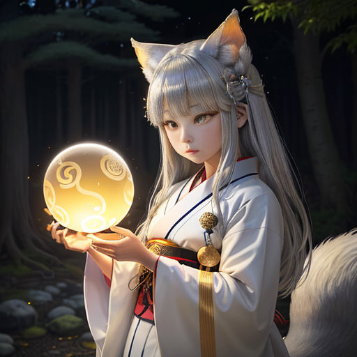 a woman in a white dress holding a crystal ball in a forest with a cat on it's back