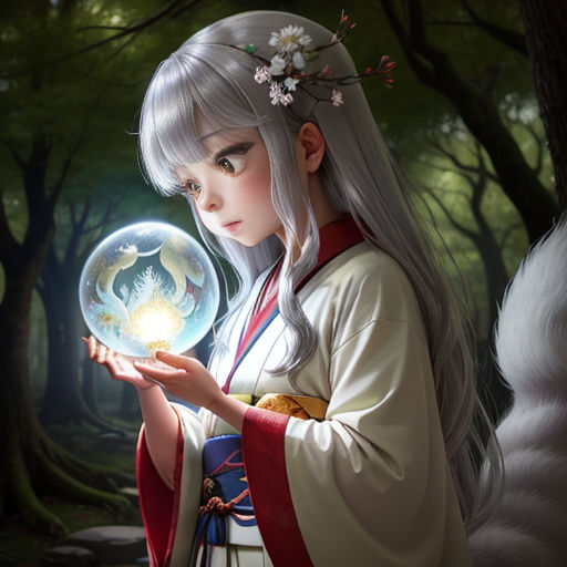 a woman holding a crystal ball in a forest with a white cat nearby and a white cat standing behind her