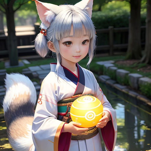 a young girl dressed in a costume holding a ball in her hands and a cat ears on her head