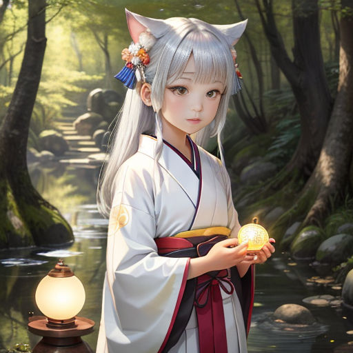 a woman in a white and red outfit holding a ball in her hand and a cat ears on her head