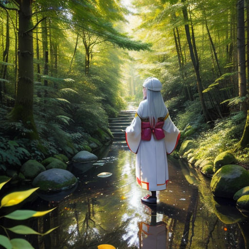 a person in a white robe walking down a path in the woods with a red bow tie on their head