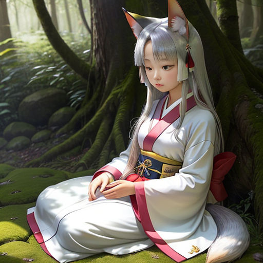 a woman dressed in a costume sitting on a mossy ground in a forest with trees and rocks in the background