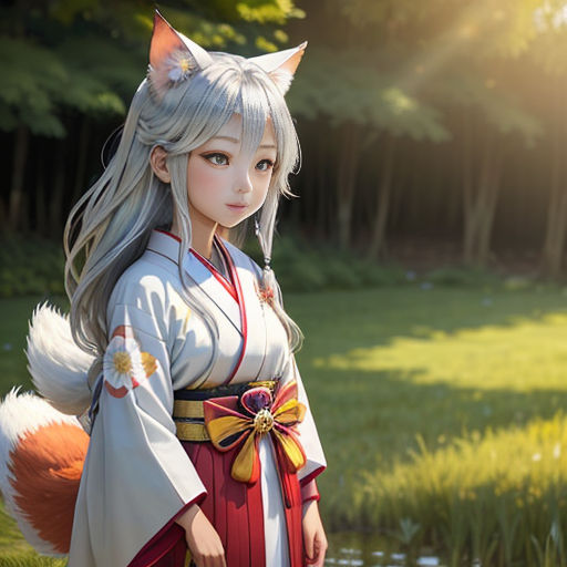 a woman in a costume standing in a field of grass with a cat on her shoulder and a cat tail on her head