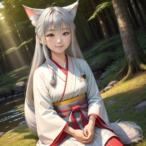 a woman dressed in a costume sitting on the ground in the woods with a cat ears on her head