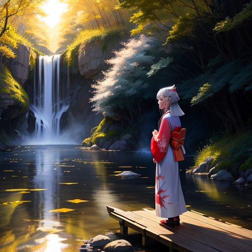 a woman standing on a dock looking at a waterfall and a waterfall in the background with leaves on the water