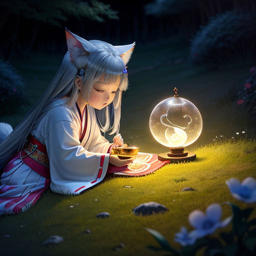 a girl sitting on the ground next to a glowing lamp in the grass with a cat on it's head