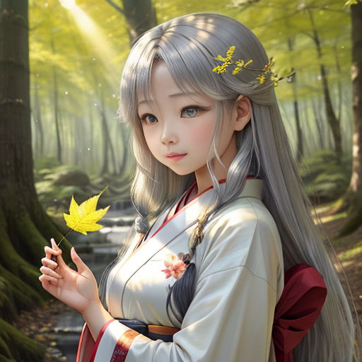 a woman in a kimono holding a leaf in a forest with a stream running through it and a sun shining through the trees