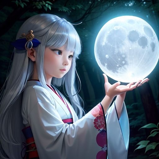 a woman holding a glowing ball in her hand in front of a forest with trees and a full moon