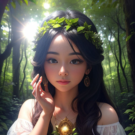 a woman in a white dress holding a green plant in her hand and wearing a necklace with leaves on it