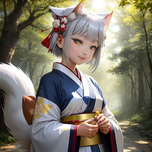 a woman in a kimono with a cat on her shoulder and a cat on her shoulder, standing in a forest