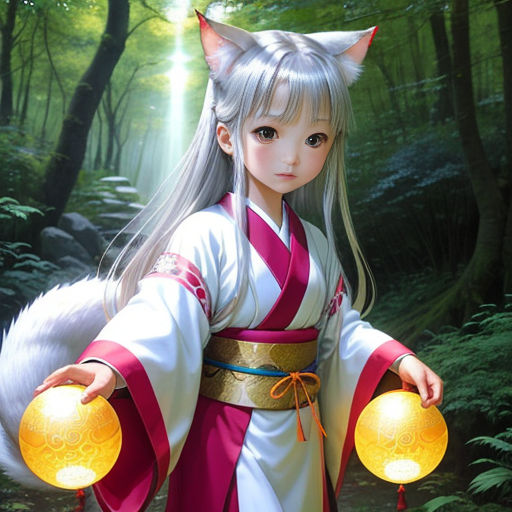 a girl in a costume holding a lantern in a forest with a cat on her shoulder and a cat on her shoulder