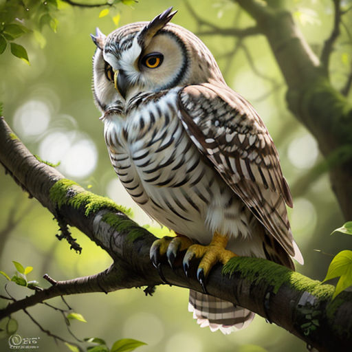 a large owl perched on a tree branch in a forest with green leaves and a bright yellow eye looking at the camera