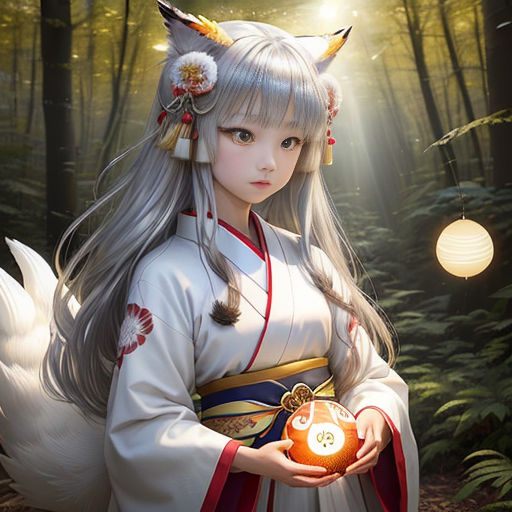 a woman in a white and red outfit holding a pumpkin in a forest with lights on the trees behind her