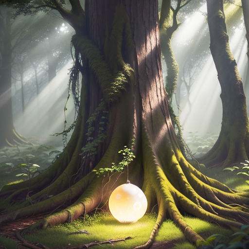 a light bulb is in the middle of a forest with moss growing on the ground and a tree trunk