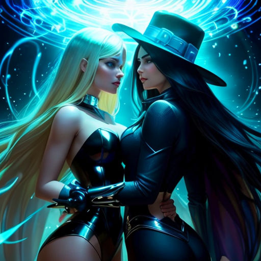 two women dressed in black and one wearing a hat and holding a gun in her hand and looking at each other