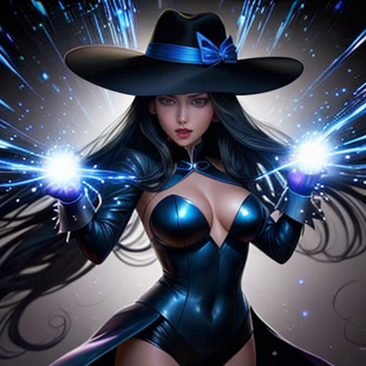 a woman in a black outfit holding a light up wand and a hat on her head with a black hat on her head