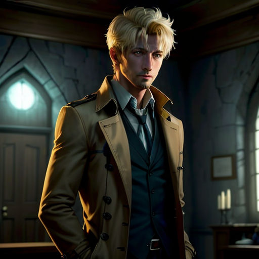 a man in a trench coat standing in a room with a clock on the wall and a window behind him
