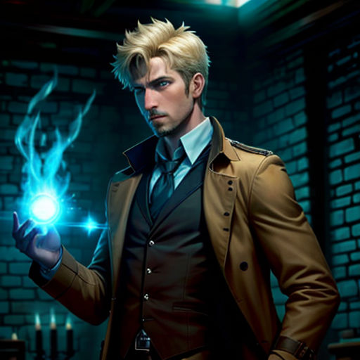 a man in a suit holding a glowing ball in his hand in a dark room with brick walls and a brick wall