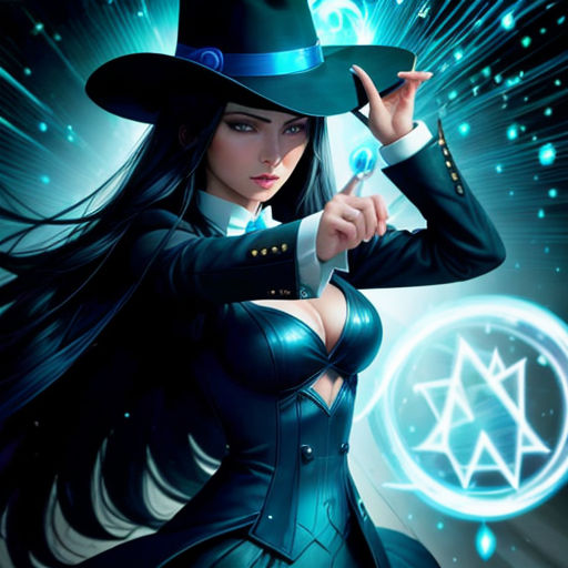 a woman in a hat and dress holding a wand and a ball in her hand with a star in the background