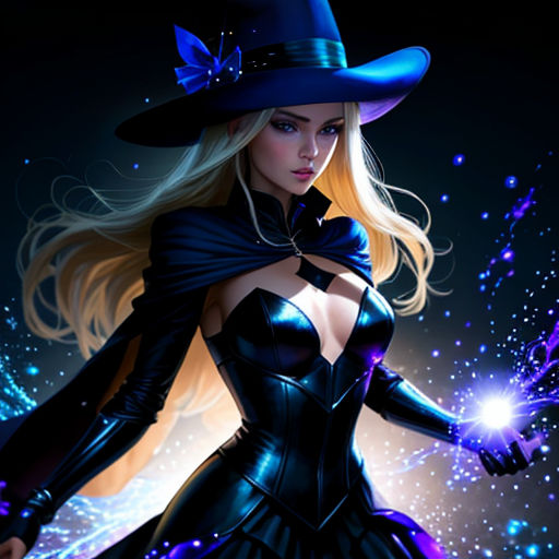 a woman in a witch costume holding a wand and a hat on her head with stars in the background