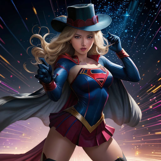 a woman dressed as a supergirl with a hat and cape on her head and a cape on her shoulders