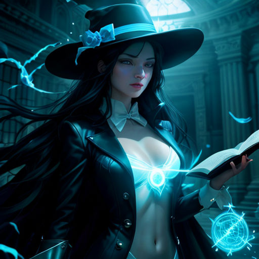 a woman in a witches costume holding a book and a wand in her hand with a glowing orb in the background