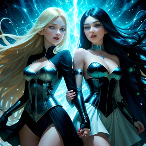 two women in corses standing next to each other in front of a blue light with stars and a blue light
