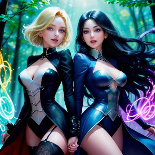 two women in costumes standing next to each other in the woods with glowing lights behind them and trees behind them