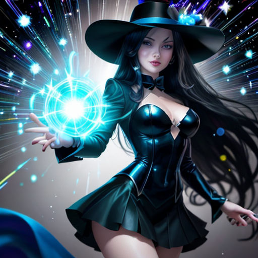 a woman in a witch costume holding a ball of light up energy in her hand and a hat on her head