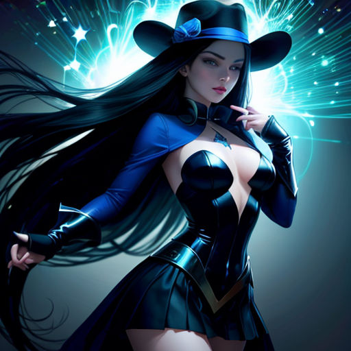 a woman dressed in a costume and hat with long hair and a hat on her head, standing in front of a blue background
