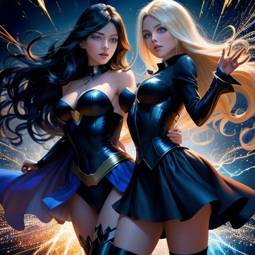 two women dressed in costumes standing next to each other on a stage with fireworks behind them and a blue sky