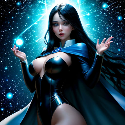 a woman in a black outfit holding a crystal ball in her hands and a star in the background with stars