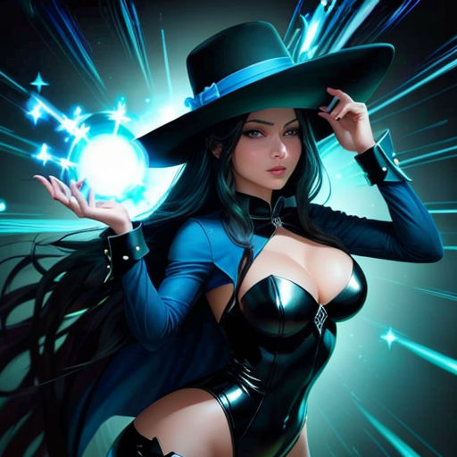 a woman in a black outfit and hat holding a crystal ball in her hand and a black hat on her head