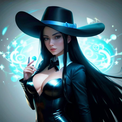 a woman in a black outfit and hat holding a cigarette and a cigarette lighter in her hand, with a blue background