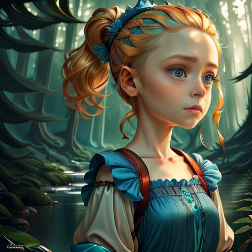 a painting of a girl in a blue dress in a forest with a pond and trees in the background
