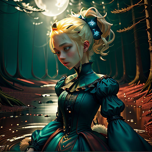 a woman in a green dress is sitting in a forest with a wolf on her shoulder and a blue dress on her shoulder