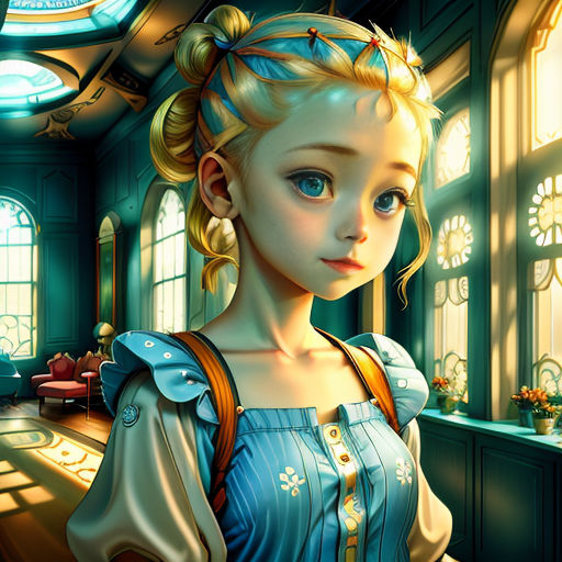 a girl in a blue dress standing in a room with a clock on the wall and a window behind her