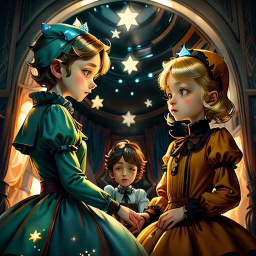 a painting of two girls in dresses standing next to each other in front of a window with stars on it