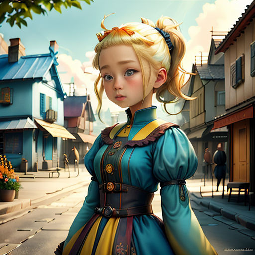 a woman in a blue dress standing on a street next to a tree and buildings with a sky background