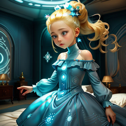 a young girl in a blue dress sitting on a bed in a room with a blue ceiling and a blue light