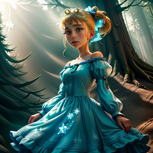a painting of a girl in a blue dress in a forest with a butterfly on her shoulder and a butterfly in her hair