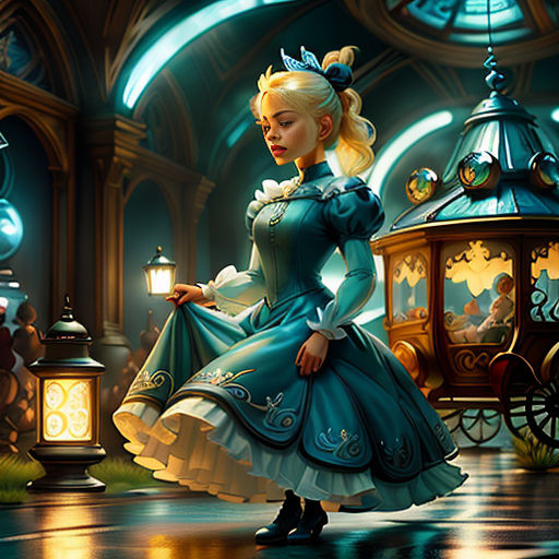 a woman in a blue dress standing in a room with a clock and carriage in the background and a lantern in the foreground