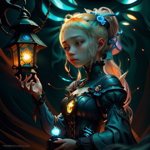 a woman holding a lantern in her hand and a lantern in her hand with a glowing light on it