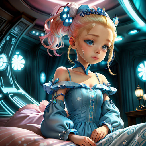 a cartoon girl in a blue dress sitting on a bed in a room with a clock on the wall