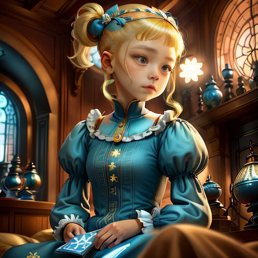 a young girl in a blue dress sitting on a bed in a room with a clock and a window