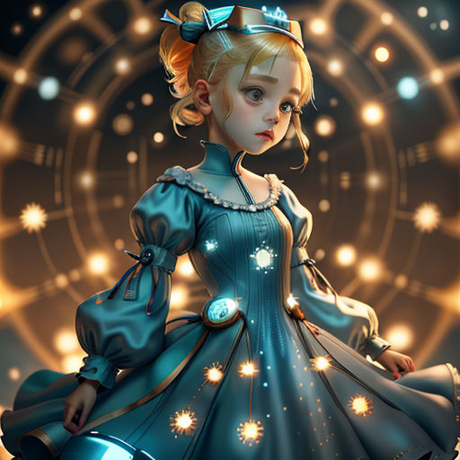 a cartoon girl in a blue dress with a tiara on her head and a glowing background with stars