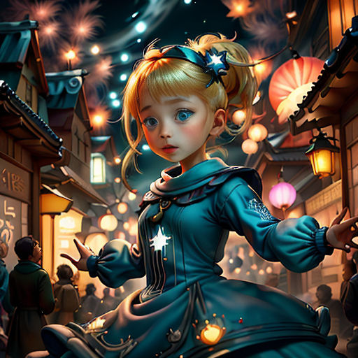 a girl in a blue dress is standing in a street at night with a lantern in her hand and a crowd of people around her