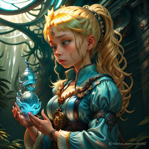 a woman holding a glass ball in her hands in a forest setting with a clock in the background and a blue bird in her hand